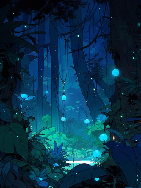 Beautiful Night Drawing, Background Refrence Images, Forest At Night Art, Forest At Night Illustration, Night Forest Concept Art, Night Forest Drawing, Forest Reference Drawing, 2d Art Illustration, Night Lighting Reference