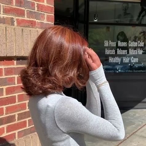 Light Brown And Copper Balayage, Curled Silk Press Natural Hair Short, Short Silk Press Natural Hair Styles, Brown Ginger Hair, Black Women Hair Color Ideas, Cherry Blonde, Short Dyed Hair, Pressed Natural Hair, Silk Press Natural Hair