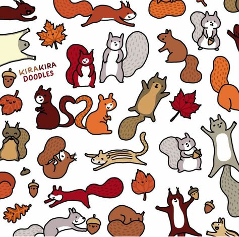 Fall doodles, squirrels, leaves, acorns Fall Doodles, Autumn Doodles, Happy Squirrel, Squirrel Art, Greeting Card Art, Cute Squirrel, Wallpaper Stickers, Dibujos Cute, Bullet Journal Doodles