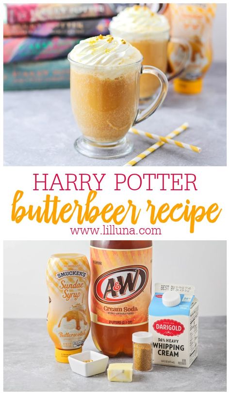 Butterbeer is a rich, delicious chilled drink with butterscotch flavoring. It is alcohol-free, and perfect for sharing on any occasion! #butterbeer #harrypotter #drink #alcoholfree #drinkrecipes Barista Ideas, Homemade Butterbeer, Butter Beer Recipe Harry Potter, Frozen Butterbeer, Harry Potter Snacks, Butterscotch Syrup, Harry Potter Butter Beer, Butterbeer Recipe, Butter Beer