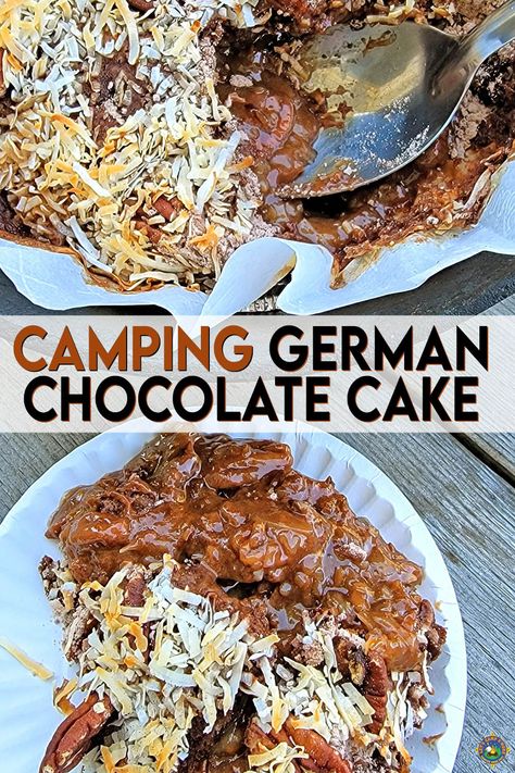 Dump Cake Camping, German Chocolate Dump Cake, Campfire Soup, Camping Meals Easy, Dump Cake Recipes Chocolate, Oven Desserts, Dutch Oven Desserts, Chocolate Dump, Camping Dutch Oven