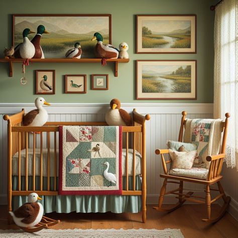 Cozy Vintage Nursery, Vintage Eclectic Nursery, Vintage Nursery Decor Ideas, Retro Nursery Ideas, Vintage Duck Nursery, Vintage Hunting Nursery, Vintage Woodland Nursery, Vintage Baby Boy Nursery, Cottage Core Nursery