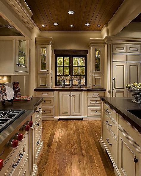 Kitchen Cabinets Knobs, Light Cabinets, Dark Counters, Cream Cabinets, Dark Countertops, Dark Granite, French Country Kitchen, Wooden Floors, Patio Designs