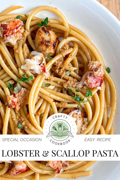 Lobster & Scallop Pasta Lemon Wine Sauce, Lobster Pasta Recipe, Scallop Recipes Pasta, Lemon Wine, Scallop Pasta, Lobster Pasta, Pumpkin Sauce, Ricotta Pasta, Scallop Recipes