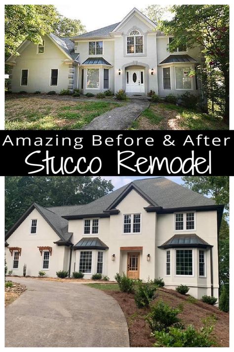 Update Stucco Exterior, Stucco Exterior Makeover, Stucco Exterior Colors, Modern Mountain Home Exterior, Stucco House Colors, White Stucco House, Stucco And Stone Exterior, Stucco Colors, Mountain Home Exterior