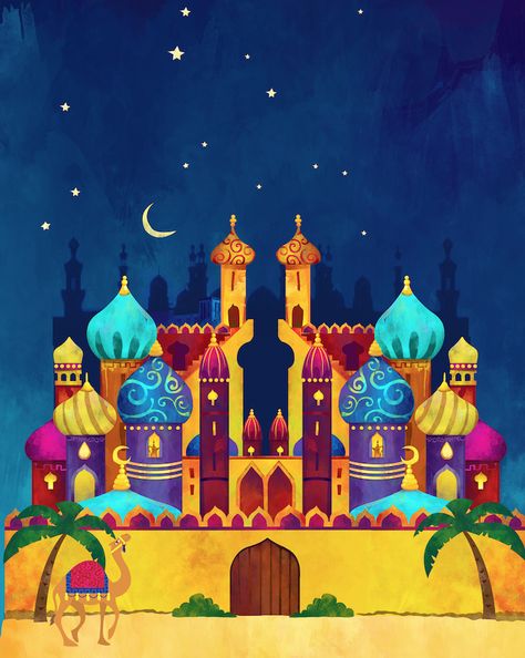 Arabic Castle Art, Arabian Nights Painting, Fanos Ramadan, Arabian Nights Illustration, Arabian Nights Art, Arabian Illustration, Eid Illustration, Arabian Design, Arabian Nights Aesthetic