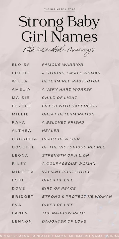 Searching for the prettiest strong baby girl names for your little one in 2023? These are the unique baby names (with meanings) that I'm totally obsessed with! Suki Name Meaning, Names That Mean Kindness, Strong Names With Meaning, Magical Names With Meaning, Foreign Names With Meaning, Name That Means Love, Cool Names For Girls Unique, Short Names With Meaning, Strong Women Names