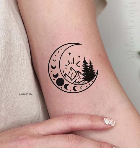 Mountains And Moon Tattoo, Mountain Moon Tattoo, Moon And Water Tattoos, Simple Moon Phases Tattoo, Unique Moon Tattoo Ideas, Moon Phases Tattoo Designs, Moon Phase Tattoo, Phase Tattoo, Nature Lover Tattoo