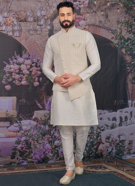 Buy White Benarasi Art Silk Bandi Set online, SKU Code: KPMAC8060. This White color bandi set for Men comes with Benarasi Art Silk. Shop Now! India Fashion Men, Wedding Suits Men Black, Indian Wedding Clothes For Men, Wedding Kurta For Men, Vs Image, Groom Dress Men, Gents Kurta, Designer Kurta, Dress Men