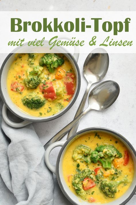 Brokkoli-Topf. Mit viel Gemüse & Linsen. - mix dich glücklich (Thermomix-Rezepte) Broccoli Curry, Vegan Soups, Vegan Lunch, Broccoli, Meal Prep, Clean Eating, All In One, Low Carb, Food And Drink