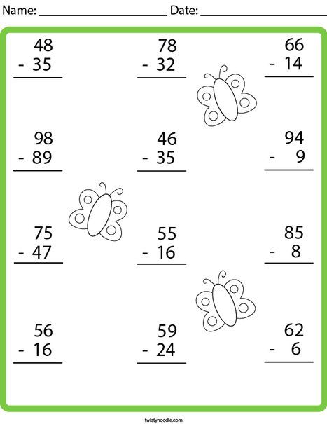 Butterfly Subtraction Math Worksheet - Twisty Noodle Addition 2 Digits With Regrouping, Addition Two Digits Worksheet, 2 Digits Addition, 2 Digit Addition With Regrouping, Addition With Regrouping Worksheets, Math Helper, Holiday Math Worksheets, 2 Digit Addition, Addition With Regrouping