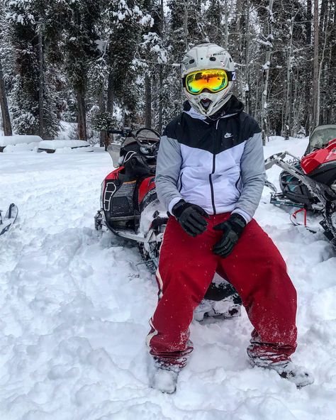 Matchin style machine and rider - snowmobiling outfit idea for men Snowmobiling Outfit, Snowmobile Outfit, Sledding Outfit, Outfit Idea For Men, Snowmobile Clothing, Snow Day Outfit, I Love Winter, Used Boats, Adventure Gear