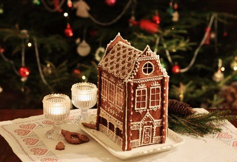 Salt Dough "Gingerbread" House | •	1 3/4 cups plain flour •	1/4 cup cinnamon •	1/2 cup of salt •	3/4 cup of warm water •	Mix together to create dough. Roll out to 1/8 inch thick on parchment paper. Cut out shapes (using a template), removing discarded dough. Bake at 175° F for 3 hours.  Decorate with Tulip Slick Paint and spray with clear, matte varnish to seal out moisture. Glue edges together using calk. Gingerbread House Designs, Halloween Cookies Decorated, Gingerbread House Kits, Cookie Decorating Party, Dutch House, Cookie House, Real Christmas Tree, Christmas Gingerbread House, Childrens Birthday Cakes