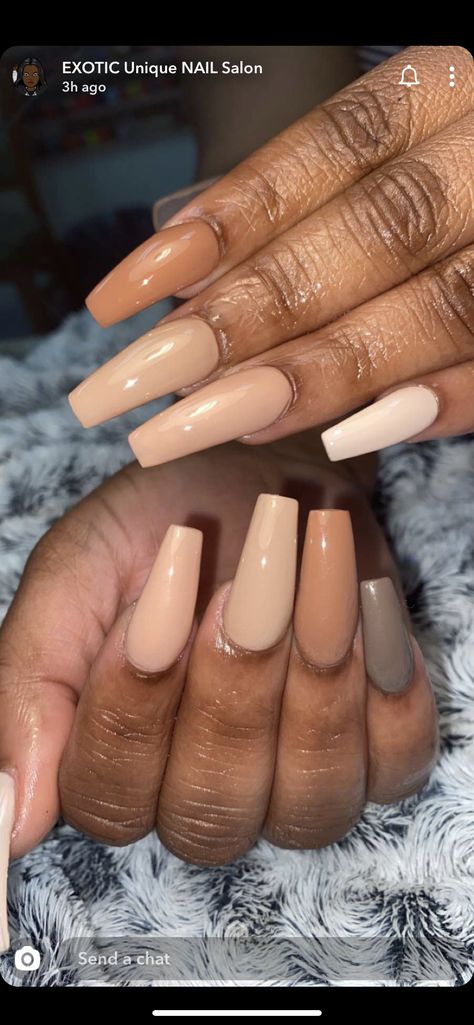 Fall Nail Colors For Brown Skin, Neutral Coffin Nails, Nails For Brown Skin Tone, Skin Tone Nails, Nails Suggestions, Different Shades Of Brown, Caramel Skin, Brown Acrylic Nails, Brown Acrylic