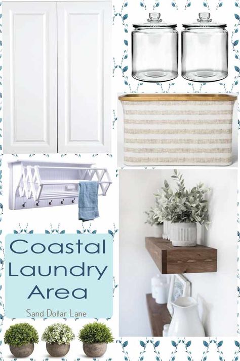 Inspirational coastal style laundry closet ideas #laundryroom #laundrycloset #coastalfarmhouse #coastalfarmhousestyle #coastaldecor #coastaldecorating #moodboard #farmhousestyle #farmhousedecorating #diyproject #diyremodel Coastal Laundry Room Ideas, Laundry Closet Ideas, Coastal Laundry, Coastal Laundry Room, Farmhouse Decor Trends, Coastal Cottages, Coastal Diy, Florida Decorating, Coastal Deco