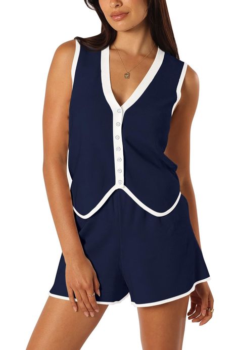 PRICES MAY VARY. Two piece sweater vest outfits for women, made of comfy fabric, soft, skin-friendly and breathable. A must-have lounge set to your summer wardrobe. Knitted Tank tops are designed with v neck, sleeveless, button-front closure, stylish color contrast edge / striped style, and asymmetrical pointed hem. The high waisted shorts loungewear feature with wide legs and elastic waistband, ensuring maximum comfort without compromising on style. Classic striped/color patchwork edge adds a t Sweater Vest Outfits For Women, Waist Coat For Women, Sweater Vest Outfits, Two Piece Sweater, Vest Outfits For Women, Sweater Vest Outfit, Knit Loungewear, Womens High Waisted Shorts, Short Loungewear