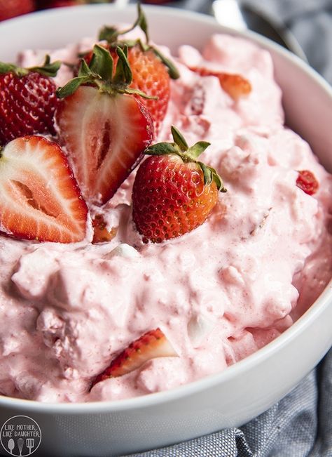 Strawberry fluff is a light and fluffy jello salad made with only five ingredients; it's the perfect spring or summer side dish or dessert! Fluffy Jello, Strawberry Fluff Salad, Strawberry Pretzel Jello Salad, Strawberry Jello Salad, Strawberry Fluff, Fluff Salad, Recipe Strawberry, Fluff Recipe, Summer Side Dish