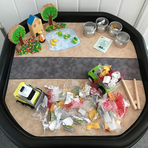 The construction play mat was a great choice to create a recycling centre. By adding in a selection of different materials, forceps and sorting pots…this activity is a great one for sorting and fine motor skills. Its also a great introduction to the importance of recycling too. ♻️🌳🌍💚 #recycle #recycling #finemotorskills #playmat #tufftray #theplaymatshop #playmatplay Recycling Role Play Area, Recycle Week Activities, Recycling Tuff Tray Ideas, Recycling Week Activities Toddlers, Recycling Tuff Tray, Recycling Eyfs, Tuff Table, Babies Activities, Sustainability Activities