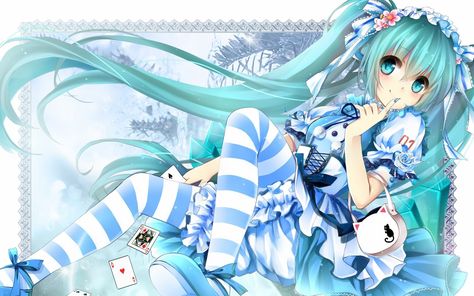 Hatsune miku with striped socks and a cute dress An Anime, Hatsune Miku, Blue Hair, Anime, Hair, Blue, White