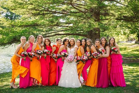 Hot Pink And Orange Bridesmaid Dresses, Bright Pink And Orange Bridesmaid Dresses, Orange Pink Blue Wedding Bridesmaid Dresses, Pink Orange And Yellow Bridesmaids, Red Pink Orange Wedding Bridesmaid Dresses, Pink Orange Yellow Wedding Bridesmaid Dresses, Vibrant Wedding Colors Bridesmaid, Pink Orange Wedding Theme, Sunrise Wedding Colors