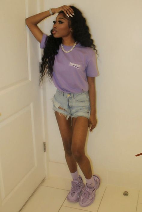 Purple Balenciaga Shoes Outfit, Purple Shirt Outfits, Cute Birthday Outfits, Purple Outfits, Swag Outfits For Girls, Birthday Outfits