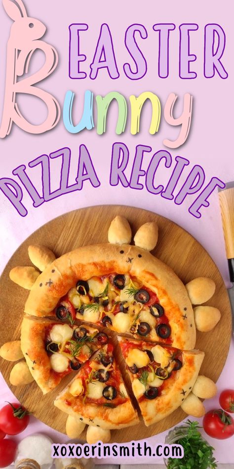 cute and easy Easter bunny pizza with cute bunny ears on the crust and title easter bunny pizza recipe Cute Pizza Ideas, Bunny Pizza, Easter Recipes For Kids, Easter Pizza, Spring Pizza, Easter Food Ideas, Easy Easter Recipes, Easter Party Food, Pizza Ideas