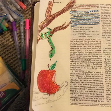 Adam and Eve bible journaling Adam And Eve Bible Journaling, Eve Bible, Adam And Eve Bible, Scripture Verse Art, Scripture Doodle, Inspire Bible, Faith Journaling, Verse Mapping, Scripture Writing