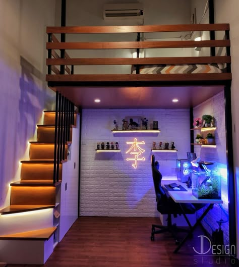 Bunk Bed And Wardrobe, Loft Bed Minimalist, Loft Bed From Ceiling, Lofted Bed With Stairs, Stair Bed Ideas, Loft Decorating Ideas Upstairs Modern, Loft Bed Work Space, Room With Upstairs Bed, Bedroom With Stairs To Bed