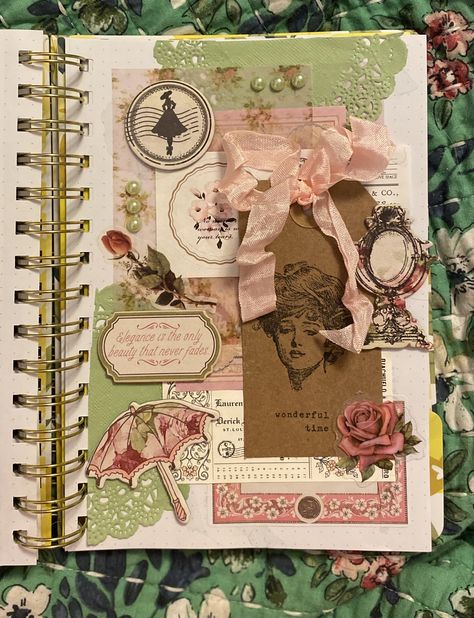 Maximalist Journaling, Valentines Journal Ideas, Flower Scrapbook Ideas, Decorated Journal Covers, Coquette Scrapbook, Vintage Scrapbook Ideas, Journaling Pages, Scrapbook Ideas, Shabby Chic Journal