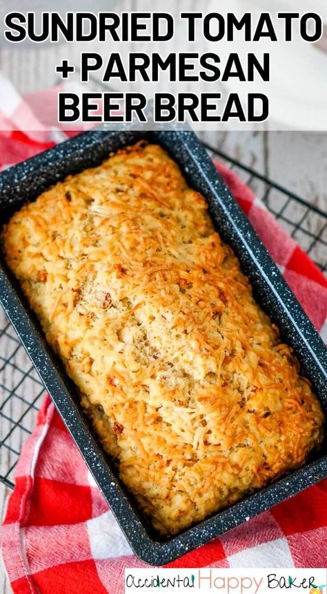 Easy and hearty beer bread is kicked up a notch with the addition of sundried tomatoes and parmesan. This easy to make bread is loaded with sundried tomato flavor, but takes just 4 steps to make. Bread even a beginner baker can master! Sundried Tomato Bruschetta, Sun Dried Tomato Bread Recipes, Pampered Chef Beer Bread Recipe, Recipes With Sundried Tomatoes, Fun Breads, Savory Quick Breads, Speciality Breads, Savory Gifts, Homemade Beer Bread