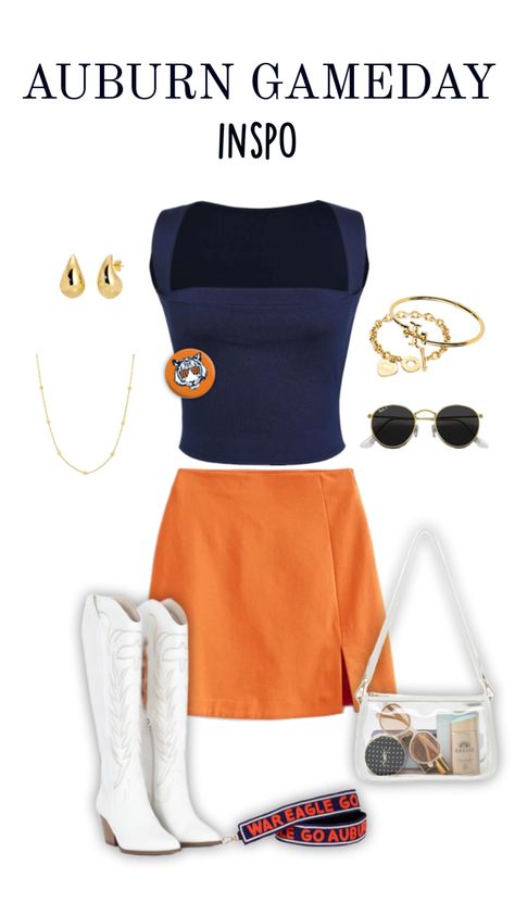 auburn gameday, college football, cowboy boots, orange skirt, sunglasses, clear bag, auburn bag strap, gold jewelry, outfit goals, auburn outfit, auburn football, fit inspo Auburn Gameday Outfit, Gold Jewelry Outfit, Auburn Gameday, Bama Gameday, College Gameday Outfits, Orange Games, Rush Outfits, Auburn Football, Football Game Outfit