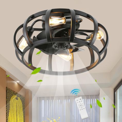 PRICES MAY VARY. 📱【Remote Control and Timing】The flush mount ceiling fan with 4*E26 light bases(bulbs not included), 1-6 speed control(More wind compared to other 3-speed caged ceiling fans) and 1 natural wind, 1/2/4H time setting, energy saving and prevent getting cold. Wind and lighting can be individually controlled and reversible. 💪【Powerful and Ultra-quiet Motor】The caged ceiling fan with light flush mount, built-in a pure copper DC motor, Strong wind speed and noiseless. Together with th Bathroom Ceiling Lighting, Light Fixtures For Low Ceilings, Farmhouse Kitchen Living Room, Kitchen Ceiling Fan, Kitchen Fans, Caged Ceiling Fan With Light, Bathroom Light Fixtures Ceiling, Vintage Ceiling Fans, Fan Light Fixtures