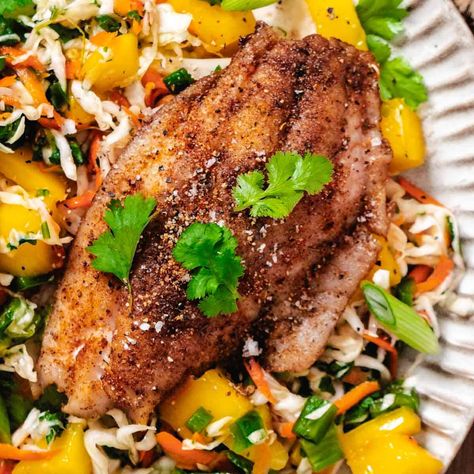 Pan Seared Mangrove Snapper with Mango Coleslaw Mangrove Snapper Recipe, Yellowtail Snapper Recipe, Mango Coleslaw, Mangrove Snapper, Turkey Meatballs Healthy, Snapper Recipes, Snapper Fish Recipes, Mango Slaw, Snapper Fish