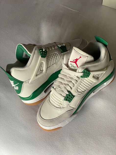 Two Jordan 4s, nike sb collab, green, cream, white, tan, puffy shoes, summer shoes, sneakers, aesthetic sneakers, flight shoes cool, Jordan 4 Flight Shoes, Nike Gym Shoes, Sneakers Nike Jordan, Shoes Wallpaper, Mens Summer Shoes, Jordan 4s, Pretty Shoes Sneakers, All Nike Shoes, Cute Nike Shoes