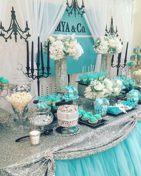 Tiffany & Co. Baby Shower Party Ideas | Photo 1 of 8 | Catch My Party Tiffany Blue Wedding Decorations, Tiffany Theme Party, Tiffany Blue Party, Tiffany Themed Bridal Shower, Tiffany Birthday Party, Babyshower Decor, Tiffany Blue Wedding Theme, Tiffany Birthday, Tiffany Baby Showers