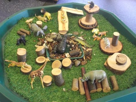 jungle animals, natural wood small world play Jungle Small World Play, Story Provocations, Jungle Activities, Eyfs Ideas, Literacy And Numeracy, Tuff Tray, Nature Table, Play Table, Small World Play