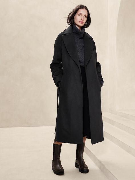 Wool Wrap Coat, Black Wool Coat, Long Wool Coat, Cashmere Wrap, Wrap Coat, Viscose Rayon, Notch Collar, Banana Republic Pants, Signature Look