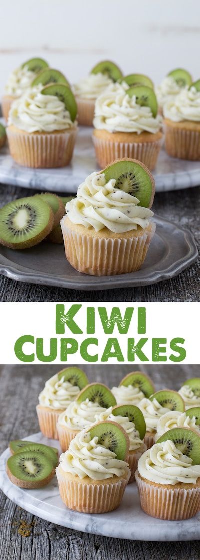 Kiwi Cupcakes - a vanilla cupcake with fresh kiwi buttercream! Kiwi Cupcakes, Cupcakes Oreo, Kiwi Recipes, Georgetown Cupcakes, Cupcakes Ideas, Gourmet Cupcakes, Cupcake Flavors, Cupcake Recipe, Baking Cupcakes