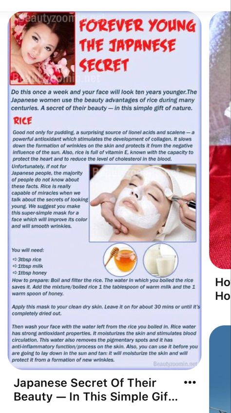 You will need: 3tbsp rice 1tbsp milk 1tbsp honey How to prepare: Boll and filter the rice. The water in which you bolled the rice save it. Add the mixture/boiled rice 1 the tablespoon of warm milk and the 1 warm spoon of honey. Apply this mask to your clean dry skin. Leave it on for about 30 mins or until it's completely dried out. Then wash your face with the water left from the rice you boiled in. Rice Starch And Greek Yogurt Skin, Rice Water Face Mask, Diy Rice Milk, Rice Flour For Skin, Water Face Mask, Rice Milk Soap, Benefits Of Rice, Milk Face, Boiled Rice