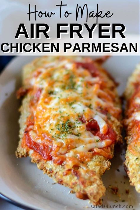 Making this air fryer chicken parmesan is easy to do and takes half the time than it does in the conventional oven. Crispy and delicious! Garnish with parsley, serve with Easy Air Fryer Broccoli and enjoy!! Air Fryer Recipes Chicken Parmesan, Easy Air Fryer Chicken Parmesan, Chicken Parm In Air Fryer, Chicken Parm Air Fryer Recipes, Chicken Parm Air Fryer, Air Fryer Supper Ideas, Chicken Parmesan Air Fryer, Chicken Parmesan Recipe Air Fryer, Air Fryer Chicken Parm