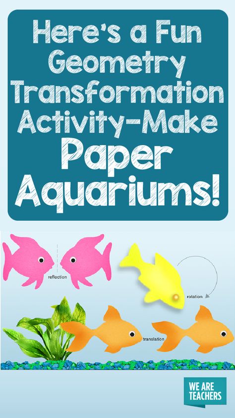 Geometry Transformation Activity. Rotation: They create one fish, lay it on their aquarium and punch a paper fastener where the eye of the fish would be. This will allow for the fish to “rotate.” They write rotation next to the fish. Reflection: For reflection they create identical fish and make them mirror each other. Then they draw a line to show where the reflection occurs. Translation: For translation, they simply create two identical fish and draw a line to show the fish sliding. Transformation Art Ideas, Teaching Quadrilaterals, Transformation Geometry, Reflection Math, Translations Math, Transformations Math, Relief Teaching Ideas, Transformation Art, Geometric Transformations