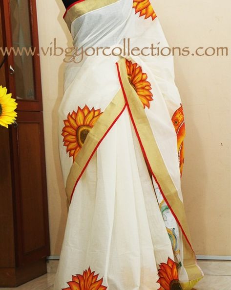 Hand Painted Kerala Sarees, Mural Painting Kerala Saree, Mural Painting Kerala, Kerala Dress, Blouse Painting, Hand Painted Saree, Painting Dress, Painted Saree, Kasavu Saree