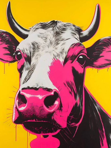 Transformez votre espace avec ce tableau pop art vibrant représentant une vache. Ce dessin pop art, avec ses couleurs contrastées de jaune et de rose, crée un effet visuel audacieux et moderne. Idéal pour les amateurs de faune et d'art contemporain, ce tableau décoratif est parfait pour apporter une touche de fun et de dynamisme à votre intérieur. Ce cadre déco est excellent pour le salon, la cuisine ou toute autre pièce nécessitant une décoration murale énergique et pleine de caractère. Images Pop Art, Portraits Pop Art, Pop Art Animals, Pop Art Portraits, Tableau Design, The Cow, Black Books, Modern Poster, Painting Tips