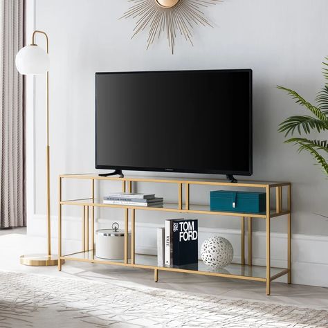 Ebern Designs Adayah TV Stand for TVs up to 60" & Reviews | Wayfair Console Table For Tv Stand, Metal Tv Stand Ideas For Living Room, Tv Stand Decor Minimalist, Living Room Designs Small Spaces Apartment Inspiration, Tv Set Up Bedroom, Tv Table Ideas, Glam Tv Stand, Minimalist Tv Stand, Metal Tv Stand