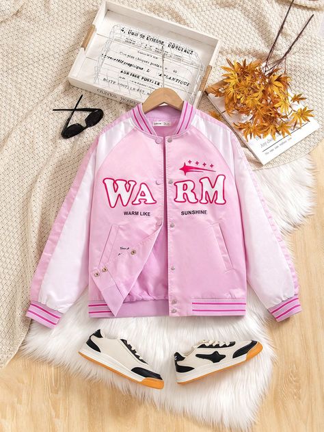 Teen Girls' Raglan Sleeve Contrast Color Satin Letter Print Baseball Jacket, Spring Autumn Pink Casual  Long Sleeve Woven Fabric Colorblock,Letter,Striped Bomber Non-Stretch  Teen Girls Clothing, size features are:Bust: ,Length: ,Sleeve Length: Girls Outerwear, Elegant Dresses Long, Baseball Jacket, Girls Jacket, Teen Girls, Girls Clothing, Letter Print, Raglan Sleeve