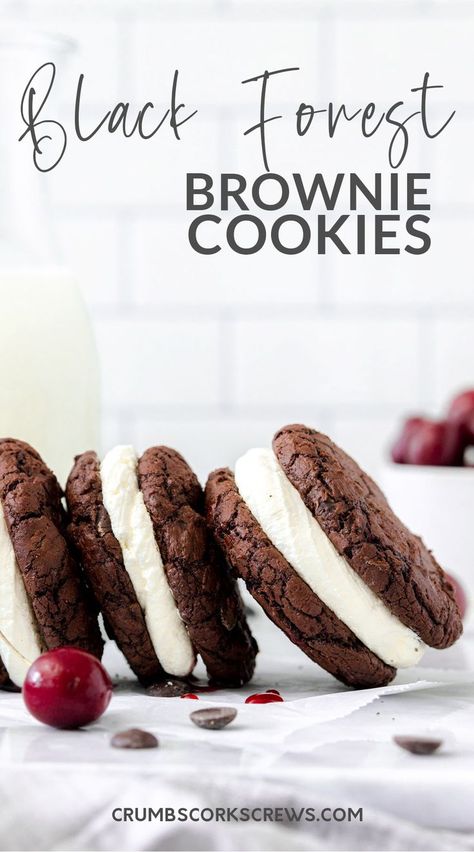 Bringing together the perfect combo of cherry, chocolate and cream, these Black Forest brownie cookie sandwiches are the perfect indulgent chocolate treat for any occasion. Easy to make and just as easy to eat; they are decadent, delicious and have to resist! #browniecookies #blackforestcookies #blackforestbrowniecookies #cookiesandwich #browniecookiesandwich #cherries #chocolatebrowniecookies #festivebaking Black Forest Cookies, Forest Cookies, White Chocolate Recipes, Cookie Sandwich, Chocolate Brownie Cookies, Cookie Sandwiches, Easy Chocolate Desserts, Quick Dessert Recipes, Tray Bake Recipes