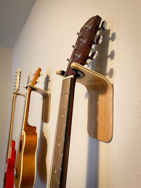 Guitar Wall Hanger Bent Wood Design Guitar Hook Wall Mount - Etsy Wooden Guitar Hanger, Display Guitars On Wall, Grey Feature Wall, Guitar Hook, Guitar Wall Hanger, Miniature Guitars, Guitar Hanger, Guitar Wall, Guitar Ukulele