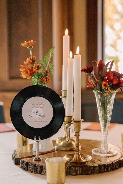 Music Wedding Theme Decoration, 45 Record Centerpieces, Wedding Ideas For Music Lovers, Vinyl Records Wedding Decor, Music Venue Wedding Reception, Fleetwood Mac Inspired Wedding, Jazz Age Wedding Theme, Vinyl Centerpieces Wedding, 50s 60s Wedding Theme