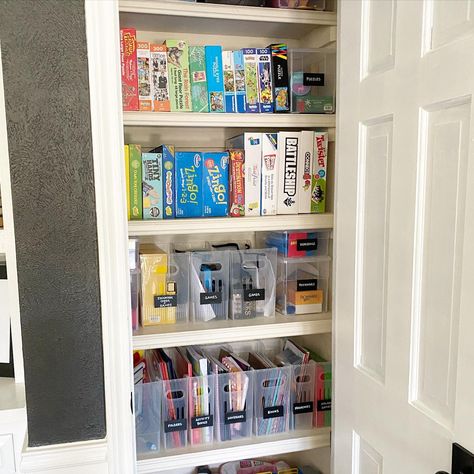 Have you started your Holiday Shopping for the kids? An organized playroom closet is a big help to remind the kids what they already have… | Instagram Game Closet Organization, Playroom Closet Organization, Organized Playroom, Game Closet, Playroom Closet, Closets Design, Floor Puzzle, Basement Makeover, Playroom Storage