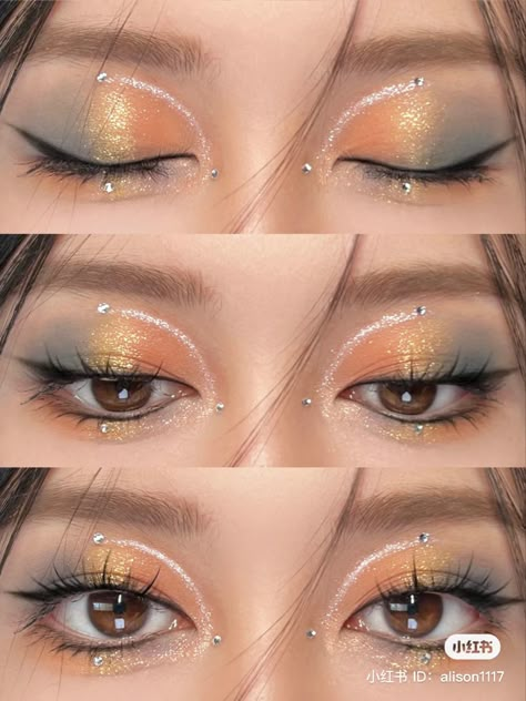 Bead Makeup Looks, Makeup For Denim Outfit, Glitter Eyeshadow Looks, Makeup Layout, Eyeshadow Styles, Maquillage On Fleek, Pretty Eye Makeup, Cute Eye Makeup, Doll Eye Makeup